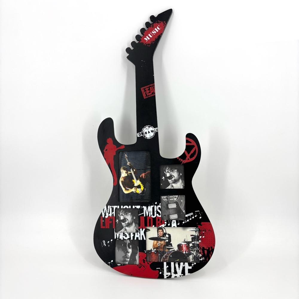 Black with Red and White NWOT Guitar Shaped Six Picture Picture Frame, 13” x 29”
